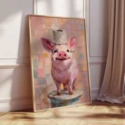 Funny Pig Poster, Quirky Farm Animal Wall Art, Cute Pink With Toilet Paper Painting, Humorous Bathroom Decor Farmhouse Style - thumbnail 2
