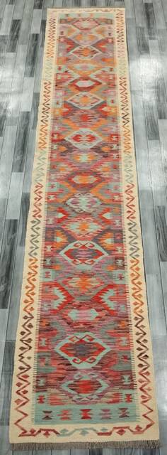 Tribal Runner Rug, Handmade Artisan Afghan Turkish Aztec Navajo Wool Kilim Rug 391x78 cm - image 1