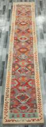 Tribal Runner Rug, Handmade Artisan Afghan Turkish Aztec Navajo Wool Kilim Rug 391x78 cm - thumbnail 1