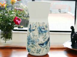 Blue Floral Flower Vase With Birds & Butterflies, Home Decor, Gifts, Bird Butterfly - thumbnail 1