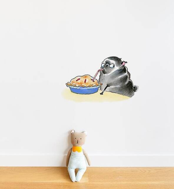 Smart Pug Eating Pie With Straw Black Wall Sticker Decal - Dogs & Pets Stickers, Decals, Kids Animals Decals
