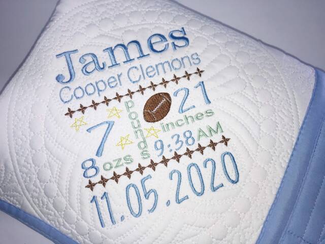 Personalized Football Baby Quilt, Birth Stats Keepsake Blanket - image 1