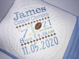 Personalized Football Baby Quilt, Birth Stats Keepsake Blanket - thumbnail 1