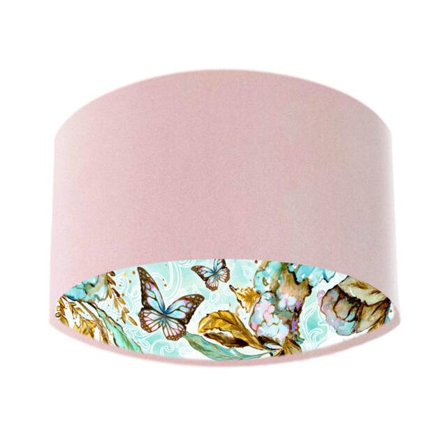 Baby Pink Velvet Lampshade, Teal Flowers Butterflies Lining, Boho Light Shade - image 1