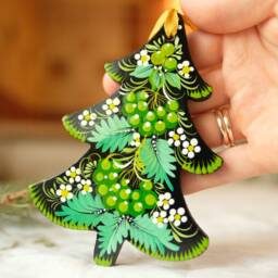 Hand-Painted Wooden Christmas Tree Ornament With Green Flowers, Ukrainian Petrykivka Art - thumbnail 4