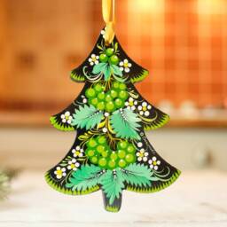 Hand-Painted Wooden Christmas Tree Ornament With Green Flowers, Ukrainian Petrykivka Art - thumbnail 3