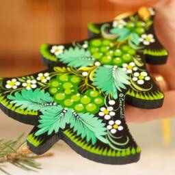 Hand-Painted Wooden Christmas Tree Ornament With Green Flowers, Ukrainian Petrykivka Art - thumbnail 2