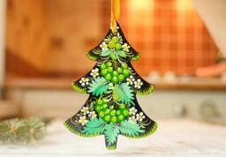 Hand-Painted Wooden Christmas Tree Ornament With Green Flowers, Ukrainian Petrykivka Art - thumbnail 1
