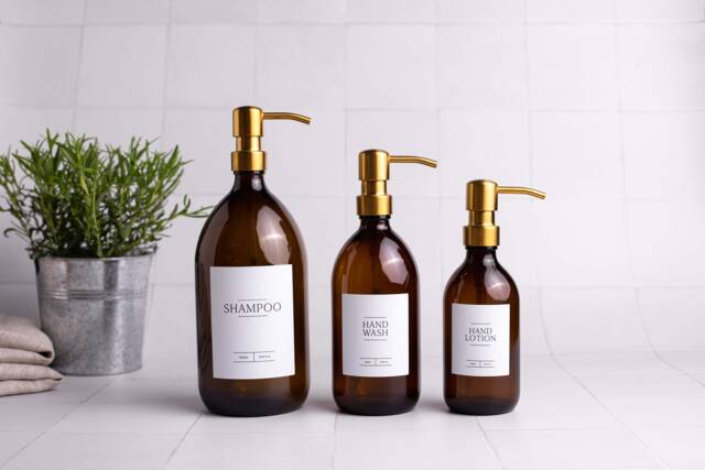Amber Glass Soap Dispenser Refillable Bottle With Gold Pump - image 1