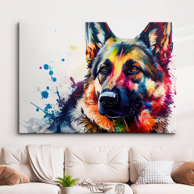 German Shepherd Abstract Dog Pet Animal Painting Splatter Wall Art, Framed Canvas Poster Print, Home Kitchen Office Room Decor, Gifts - image 1