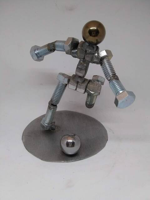 Upcycled Metal Soccer Player Figurine Handmade Athlete Sculpture - image 1