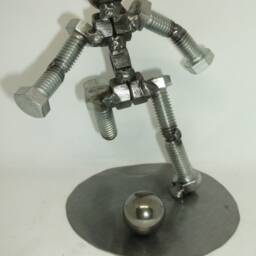 Upcycled Metal Soccer Player Figurine Handmade Athlete Sculpture - thumbnail 3