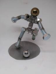 Upcycled Metal Soccer Player Figurine Handmade Athlete Sculpture - thumbnail 1