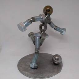 Upcycled Metal Soccer Player Figurine Handmade Athlete Sculpture - thumbnail 2