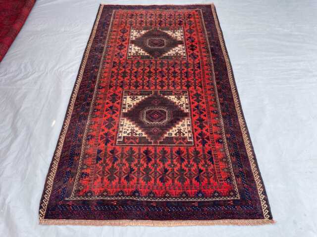 Baluch Sistan Rug 4x7, Red Double Medallion Tribal Rug, Handmade Wool Baluchi Area Moody Geometric Nomad Accent - image 1