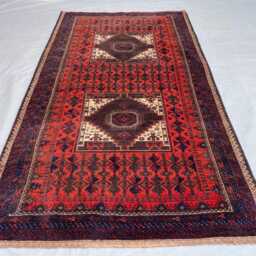 Baluch Sistan Rug 4x7, Red Double Medallion Tribal Rug, Handmade Wool Baluchi Area Moody Geometric Nomad Accent - thumbnail 2