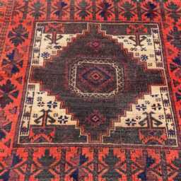 Baluch Sistan Rug 4x7, Red Double Medallion Tribal Rug, Handmade Wool Baluchi Area Moody Geometric Nomad Accent - thumbnail 3