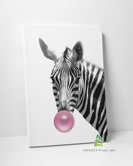 Zebra Blowing Pink Bubble Gum Canvas Art Wall Print Picture Animal Fashion Framed Home Decor -D165 - image 1