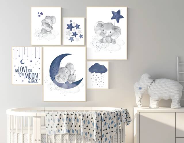 Elephant Nursery Art Navy Blue Moon & Stars Prints - image 1