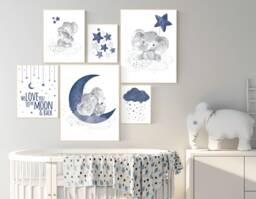Elephant Nursery Art Navy Blue Moon & Stars Prints - thumbnail 1