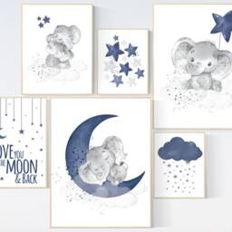 Elephant Nursery Art Navy Blue Moon & Stars Prints - thumbnail 2