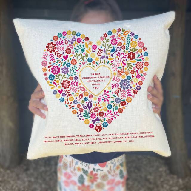Thank You Teacher/Teaching Assistant Personalised Linen Cushion Gift, Multicoloured Floral Heart Homeware - image 1