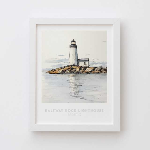 Halfway Rock Lighthouse Maine Wall Art Print - Pen Ink & Watercolor Illustration, Archival Quality Fine Art Print. State Gift - image 1
