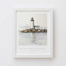 Halfway Rock Lighthouse Maine Wall Art Print - Pen Ink & Watercolor Illustration, Archival Quality Fine Art Print. State Gift - thumbnail 1