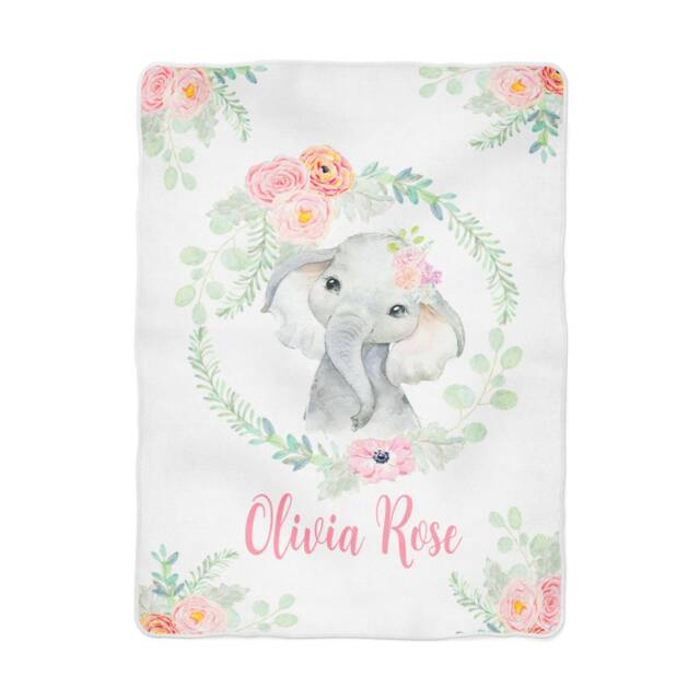 Baby Elephant Floral Blanket Personalized in Fleece, Minky, Or Sherpa. Perfect Gift - image 1