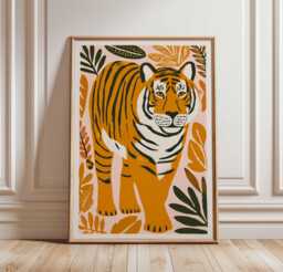 Tiger Wall Art, Mid Century Modern Jungle Print, Bold Poster, Retro Animal Decor, Kids Room Safari Scandi Style Artwork - thumbnail 1