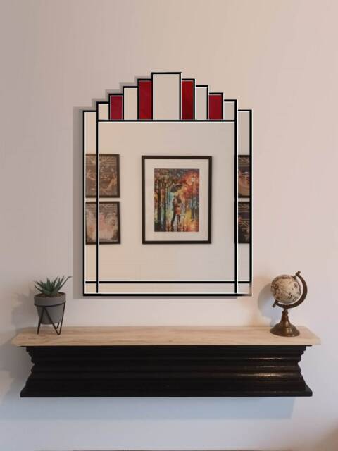 Red Art Deco Mirror Handmade Vintage Style Stained Glass - image 1