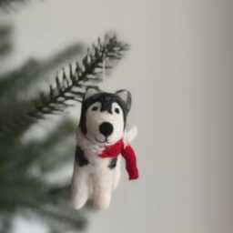 Felt Husky Dog Ornament With Christmas Hat, Wool Ornament, Biodegradable Fair Trade For Lovers - thumbnail 2