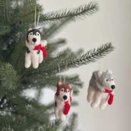 Felt Husky Dog Ornament With Christmas Hat, Wool Ornament, Biodegradable Fair Trade For Lovers - thumbnail 1
