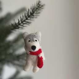 Felt Husky Dog Ornament With Christmas Hat, Wool Ornament, Biodegradable Fair Trade For Lovers - thumbnail 3