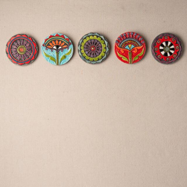 Horizontal Wall Art, Ceramic Sculpture Set Of 5 Round Art Tiles, 4 Inch - Mounted Tile Made To Order Blossoms - image 1
