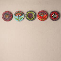 Horizontal Wall Art, Ceramic Sculpture Set Of 5 Round Art Tiles, 4 Inch - Mounted Tile Made To Order Blossoms