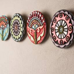 Horizontal Wall Art, Ceramic Sculpture Set Of 5 Round Art Tiles, 4 Inch - Mounted Tile Made To Order Blossoms - thumbnail 2