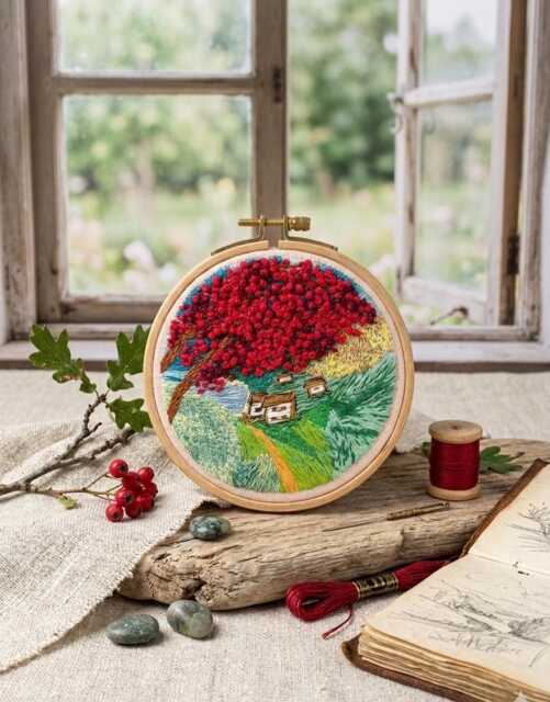 Embroidery Red Blossom Tree Cozy Cottage Landscape Wall Art - image 1