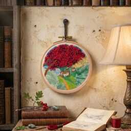 Embroidery Red Blossom Tree Cozy Cottage Landscape Wall Art - thumbnail 4