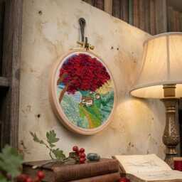 Embroidery Red Blossom Tree Cozy Cottage Landscape Wall Art - thumbnail 3