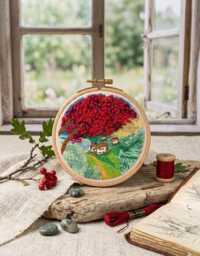 Embroidery Red Blossom Tree Cozy Cottage Landscape Wall Art - thumbnail 1