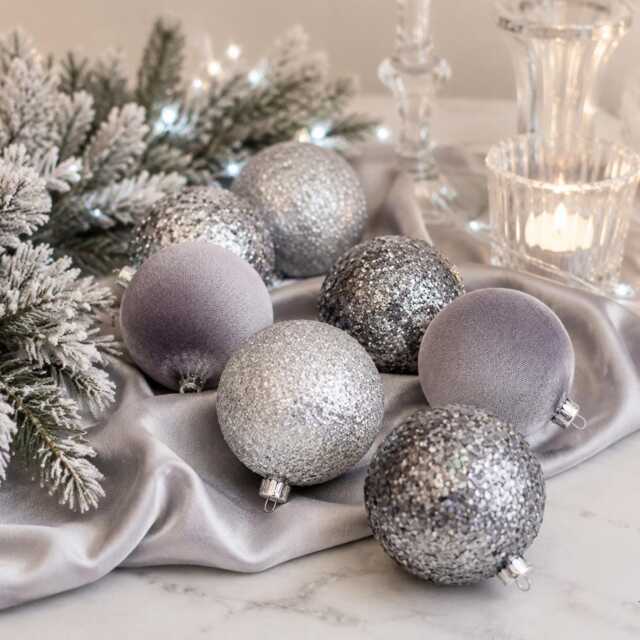 Handmade Silver Glitter Christmas Balls Flocked Velvet Ornaments - Set Of 12 - image 1