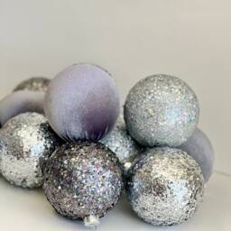 Handmade Silver Glitter Christmas Balls Flocked Velvet Ornaments - Set Of 12 - thumbnail 3