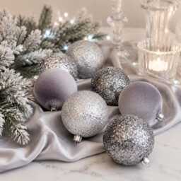 Handmade Silver Glitter Christmas Balls Flocked Velvet Ornaments - Set Of 12 - thumbnail 1