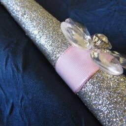 Silver Glitter Candle Crystal Flower, Pink Ribbon - 10 Inch Taper - thumbnail 3