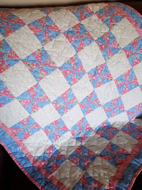 Blue, Pink & White Pinwheel Baby, Toddler Quilt Or Throw - image 1
