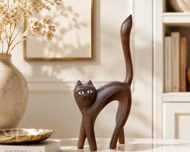 Handcarved Wood Sculpture Cat - Cat Figurine Boho Decor - image 1
