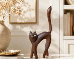 Handcarved Wood Sculpture Cat - Cat Figurine Boho Decor - thumbnail 1