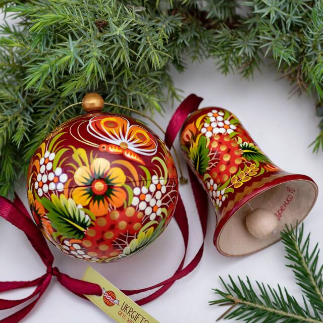 Exclusive Handmade Christmas Ornaments Set Of Wood, Hand Painted Ball 7 cm Openable & Bell 6.5 Decoration Ukrainian - image 1