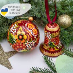 Exclusive Handmade Christmas Ornaments Set Of Wood, Hand Painted Ball 7 cm Openable & Bell 6.5 Decoration Ukrainian - thumbnail 2